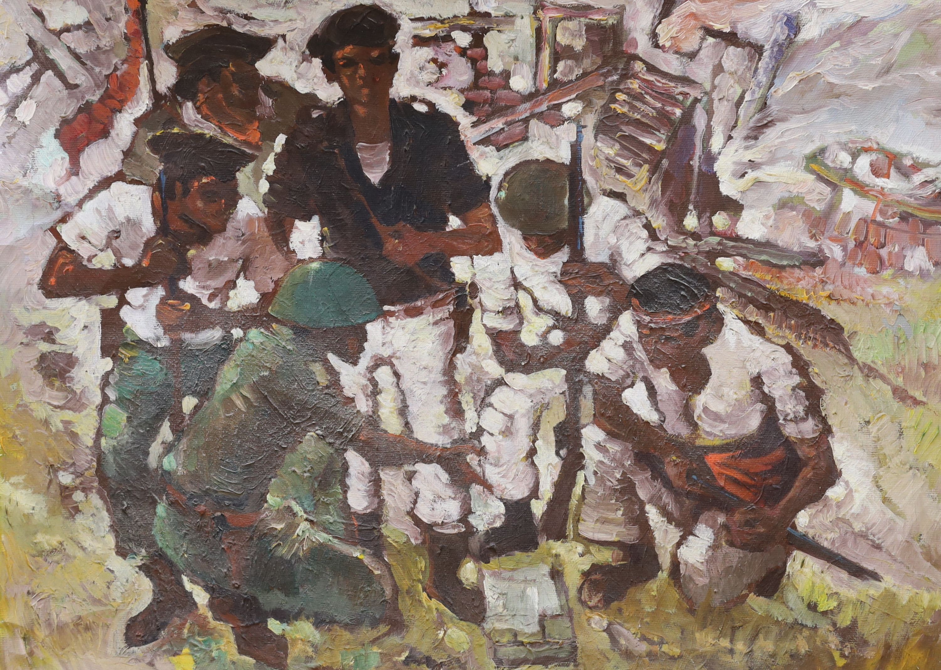 Modern British School, oil on canvas, Soldiers with Japanese Prisoners of War, possibly Malaya, 57 x 76cm, unframed